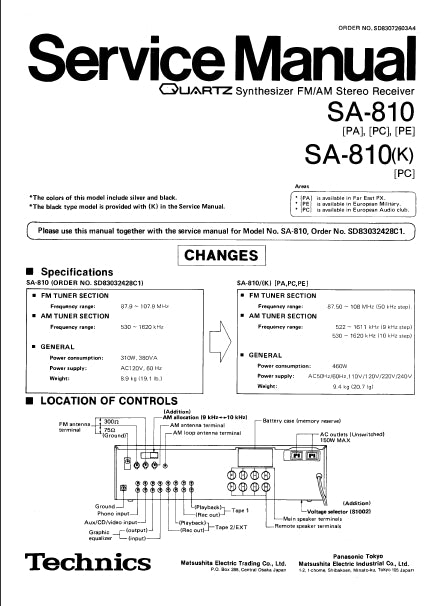 TECHNICS SA-810 SERVICE MANUAL IN ENGLISH QUARTZ SYNTHESIZER FM AM STEREO RECEIVER