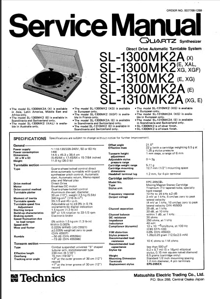 TECHNICS SL-1300MK2A SL-1300MK2 SL-1310MK2 SERVICE MANUAL IN ENGLISH DIRECT DRIVE TURNTABLE SYSTEM