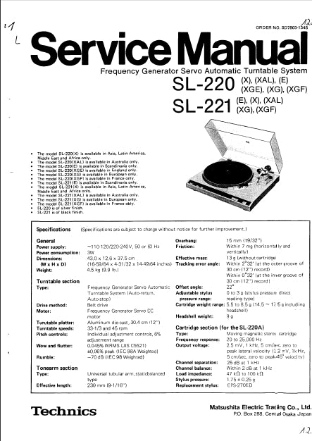 TECHNICS SL-220 SL-221 SERVICE MANUAL IN ENGLISH TURNTABLE SYSTEM