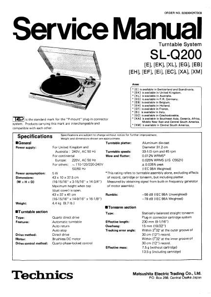 TECHNICS SL-Q200 SERVICE MANUAL IN ENGLISH TURNTABLE SYSTEM