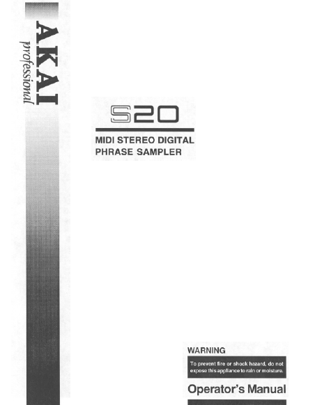 AKAI S20 OPERATOR'S MANUAL BOOK IN ENGLISH MIDI STEREO DIGITAL PHRASE SAMPLER