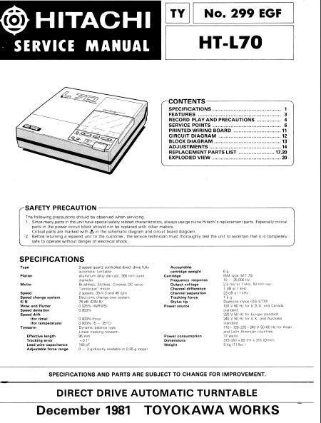 HITACHI HT-L70 SERVICE MANUAL BOOK IN ENGLISH DIRECT DRIVE AUTOMATIC TURNTABLE