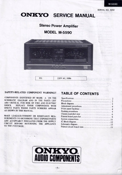 ONKYO M-5590 SERVICE MANUAL BOOK IN ENGLISH STEREO POWER AMPLIFIER