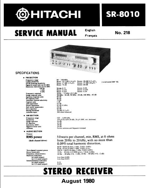 HITACHI SR-8010 SERVICE MANUAL BOOK IN ENGLISH STEREO RECEIVER