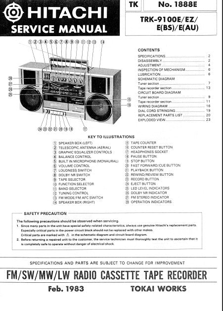 HITACHI TRK-9100E TRK-9100EZ TRK-9100E(BS) TRK-9100E(AU) SERVICE MANUAL BOOK IN ENGLISH FM SW MW LW RADIO CASSETTE TAPE RECORDER