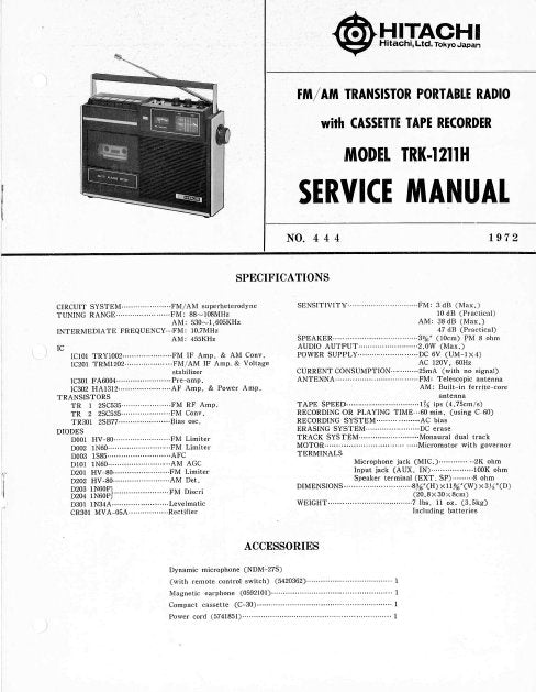 HITACHI TRK-1211H SERVICE MANUAL BOOK IN ENGLISH FM AM TRANSISTOR PORTABLE RADIO WITH CASSETTE TAPE RECORDER