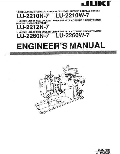 JUKI LU-2212N-7 LU-2210N-7 LU-2260N-7 LU-2210W-7 LU-2260W-7 ENGINEERS MANUAL BOOK IN ENGLISH SEWING MACHINE
