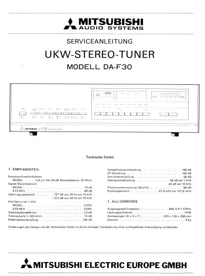 MITSUBISHI DA-F30 SERVICEANLEITUNG BUCH DEUTSCH UKW STEREO TUNER