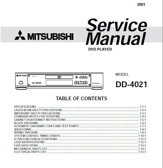 MITSUBISHI DD-4021 SERVICE MANUAL BOOK IN ENGLISH DVD PLAYER