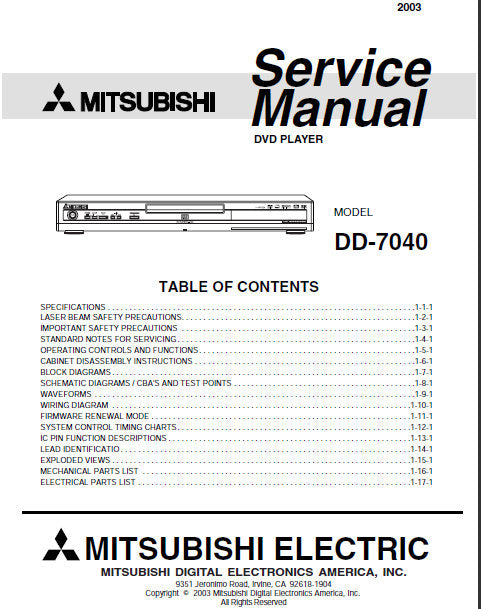 MITSUBISHI DD-7040 SERVICE MANUAL BOOK IN ENGLISH DVD PLAYER