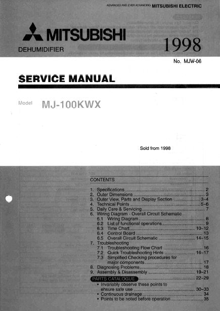 MITSUBISHI MJ-100KWX-A1 SERVICE MANUAL BOOK IN ENGLISH DEHUMIDIFIER
