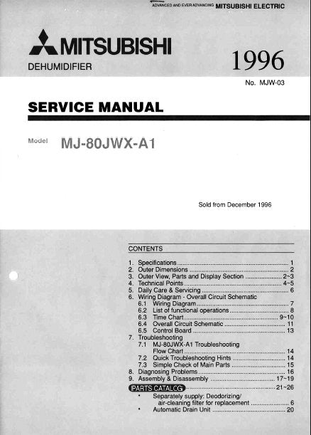 MITSUBISHI MJ-80JWX-A1 SERVICE MANUAL BOOK IN ENGLISH DEHUMIDIFIER ...