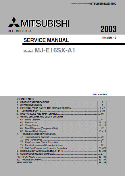 MITSUBISHI MJ-E16SX-A1 SERVICE MANUAL BOOK IN ENGLISH DEHUMIDIFIER