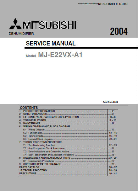 MITSUBISHI MJ-E22VX-A1 SERVICE MANUAL BOOK IN ENGLISH DEHUMIDIFIER
