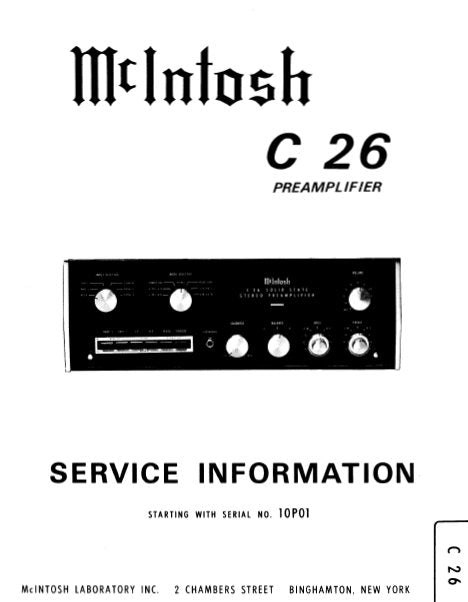 McINTOSH C26 SERVICE INFORMATION BOOK IN ENGLISH STEREO PREAMPLIFIER