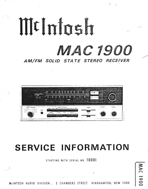 McINTOSH MAC1900 SERVICE INFORMATION BOOK IN ENGLISH AM FM SOLID STATE STEREO RECEIVER
