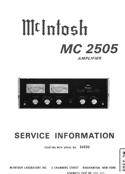 McINTOSH MC2505 SERVICE INFORMATION BOOK IN ENGLISH AMPLIFIER