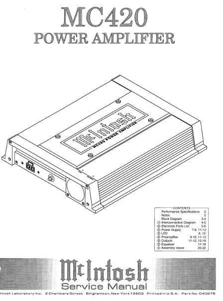 McINTOSH MC420 SERVICE MANUAL BOOK IN ENGLISH POWER AMPLIFIER