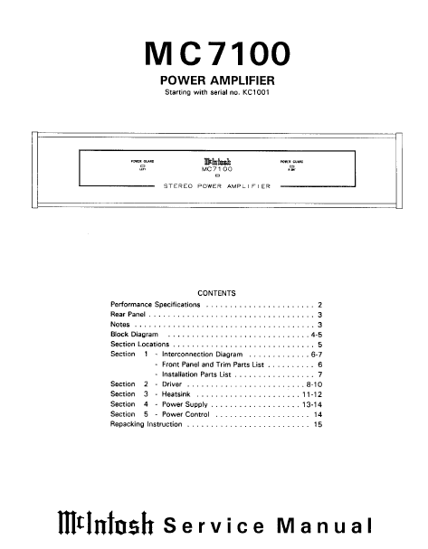 McINTOSH MC7100 SERVICE MANUAL BOOK IN ENGLISH STEREO POWER AMPLIFIER