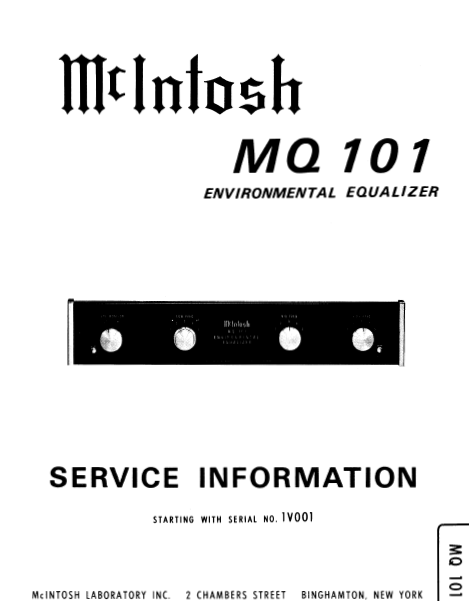 McINTOSH MQ101 SERVICE INFORMATION BOOK IN ENGLISH ENVIRONMENTAL EQUALIZER
