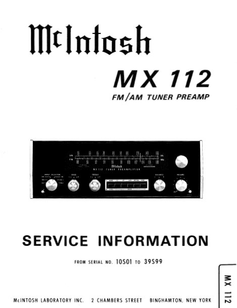 McINTOSH MX112 SERVICE INFORMATION BOOK IN ENGLISH FM AM TUNER PREAMP