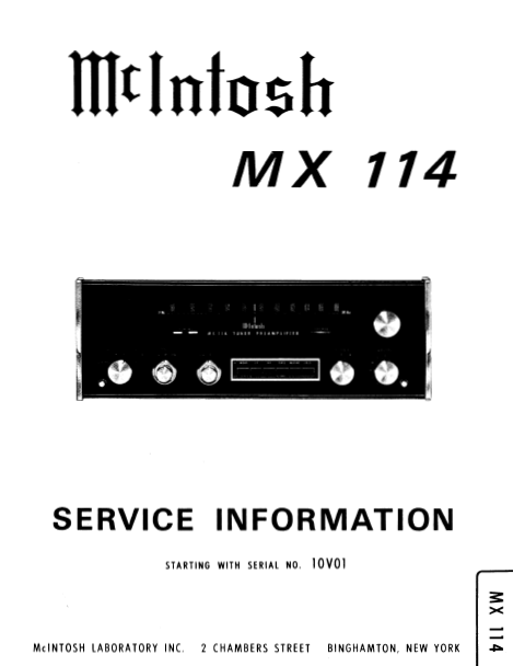 McINTOSH MX114 SERVICE INFORMATION BOOK IN ENGLISH TUNER PREAMPLIFIER