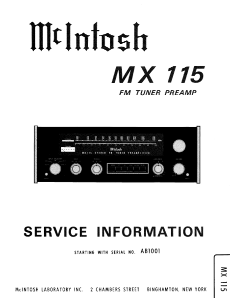 McINTOSH MX115 SERVICE INFORMATION BOOK IN ENGLISH FM TUNER PREAMPLIFIER