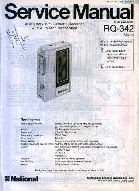 NATIONAL RQ-342 SERVICE MANUAL BOOK IN ENGLISH MINI CASSETTE RECORDER