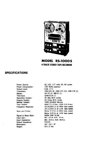 NATIONAL RS-1000S SERVICE MANUAL BOOK IN ENGLISH 4 TRACK STEREO TAPE RECORDER