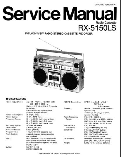NATIONAL RX-5150LS SERVICE MANUAL BOOK IN ENGLISH FM LW MW SW RADIO STEREO CASSETTE RECORDER