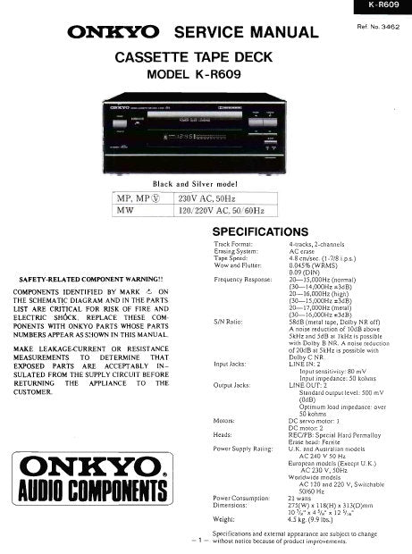 ONKYO K-R609 SERVICE MANUAL BOOK IN ENGLISH CASSETTE TAPE DECK