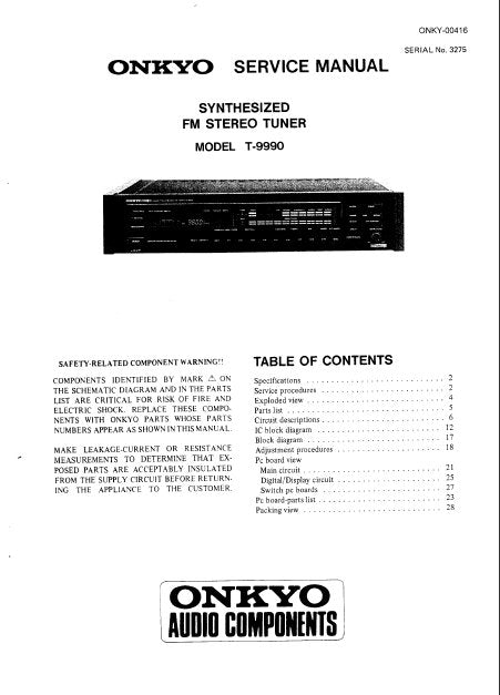 ONKYO T-9990 SERVICE MANUAL BOOK IN ENGLISH SYNTHESIZED FM STEREO TUNER