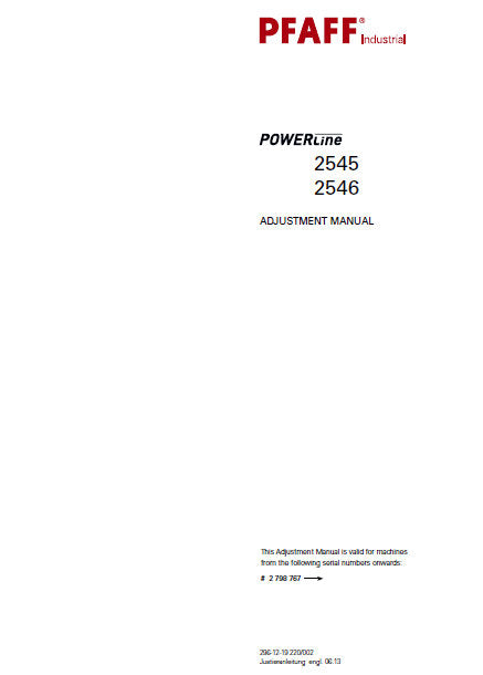 PFAFF 2545 2546 POWERLINE SERVICE MANUAL FROM SER NO 2 798 767 BOOK IN ENGLISH SEWING MACHINE
