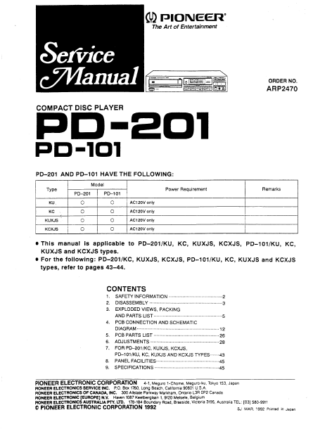 PIONEER PD-101 PD-201 SERVICE MANUAL BOOK IN ENGLISH CD PLAYER