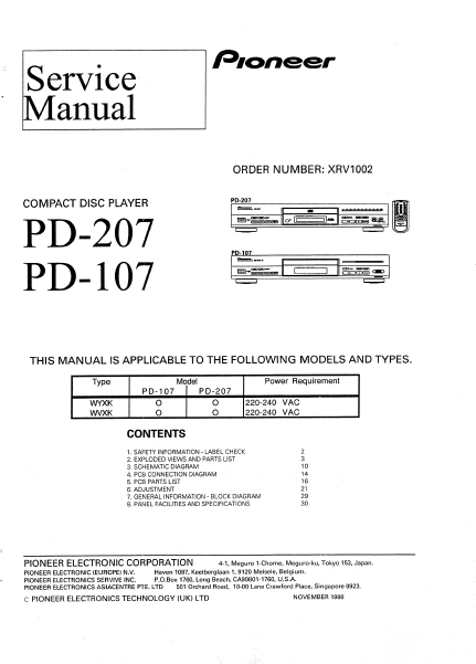 PIONEER PD-107 PD-207 SERVICE MANUAL BOOK IN ENGLISH CD PLAYER