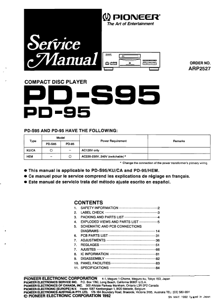 PIONEER PD-95 PD-S95 SERVICE MANUAL BOOK IN ENGLISH CD PLAYER