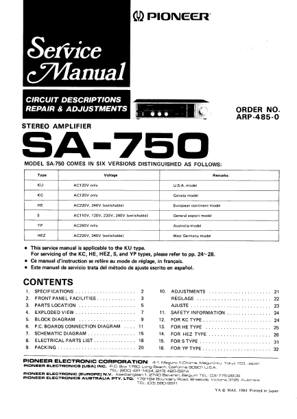 PIONEER SA-750 SERVICE MANUAL BOOK IN ENGLISH STEREO AMPLIFIER