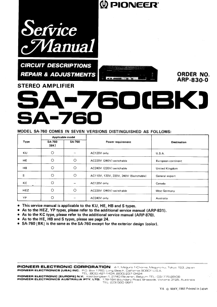 PIONEER SA-760 SERVICE MANUAL BOOK IN ENGLISH STEREO AMPLIFIER