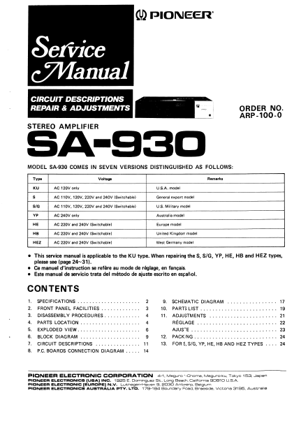 PIONEER SA-930 SERVICE MANUAL BOOK IN ENGLISH STEREO AMPLIFIER