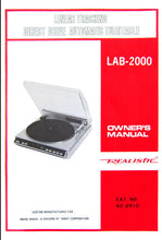 Load image into Gallery viewer, RADIOSHACK REALISTIC LAB-2000 OWNER&#39;S MANUAL BOOK IN ENGLISH LINEAR TRACKING DIRECT DRIVE AUTOMATIC TURNTABLE

