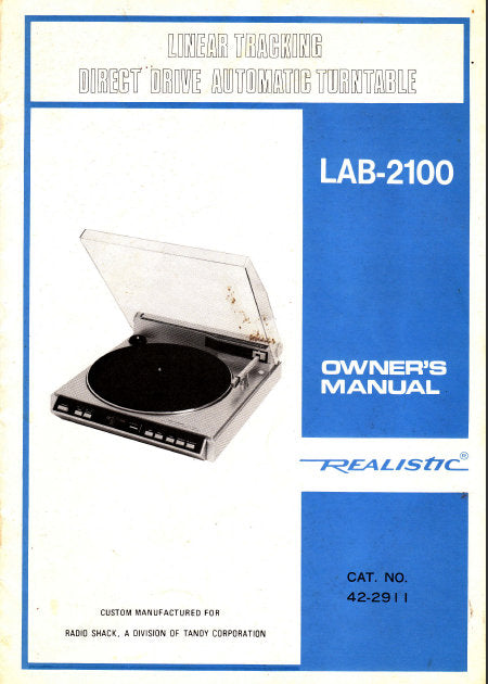 RADIOSHACK REALISTIC LAB-2100 OWNER'S MANUAL BOOK IN ENGLISH LINEAR TRACKING DIRECT DRIVE AUTOMATIC TURNTABLE
