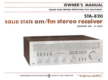 Load image into Gallery viewer, RADIOSHACK REALISTIC STA-820 OWNER&#39;S MANUAL BOOK IN ENGLISH SOLID STATE AM FM STEREO RECEIVER
