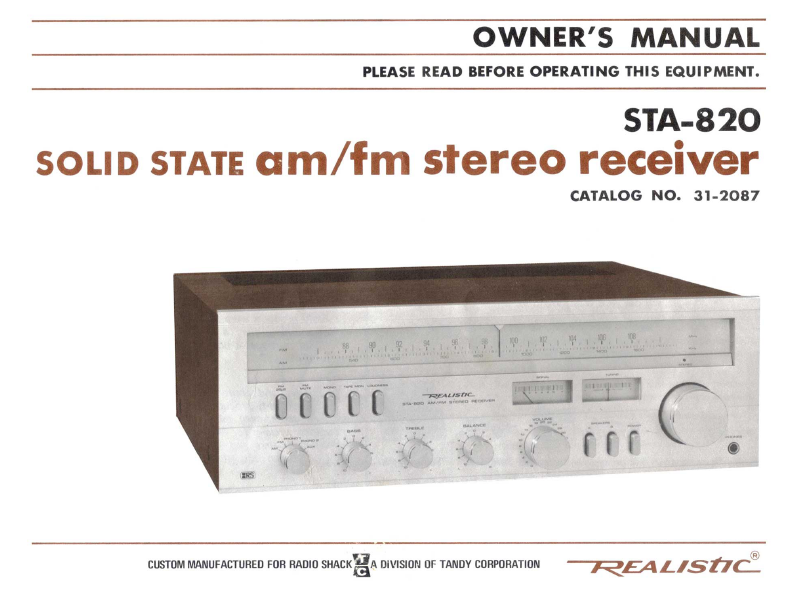 RADIOSHACK REALISTIC STA-820 OWNER'S MANUAL BOOK IN ENGLISH SOLID STATE AM FM STEREO RECEIVER