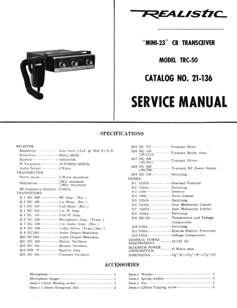 RADIOSHACK REALISTIC TRC-50 SERVICE MANUAL BOOK IN ENGLISH MINI 23 CB TRANSCEIVER