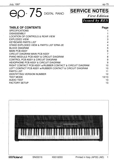 ROLAND EP-75 SERVICE NOTES BOOK IN ENGLISH DIGITAL PIANO