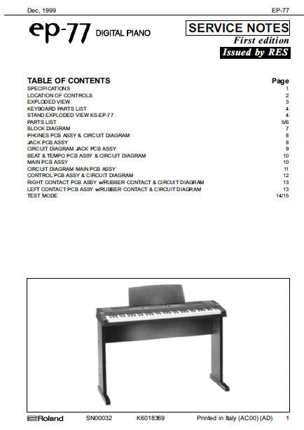 ROLAND EP-77 SERVICE NOTES BOOK IN ENGLISH DIGITAL PIANO