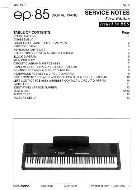 ROLAND EP-85 SERVICE NOTES BOOK IN ENGLISH DIGITAL PIANO