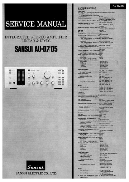 SANSUI AU-D7 AU-D5 SERVICE MANUAL BOOK IN ENGLISH INTEGRATED STEREO AMPLIFIER LINEAR AND DD/DC