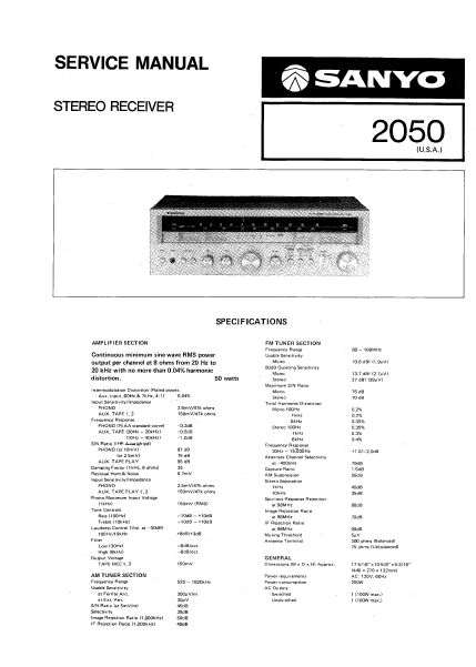 SANYO 2050 USA SERVICE MANUAL BOOK IN ENGLISH STEREO RECEIVER
