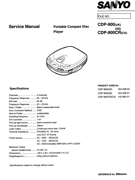SANYO CDP-900 (UK) CDP-900CR (CA) SERVICE MANUAL BOOK IN ENGLISH PORTABLE CD PLAYER